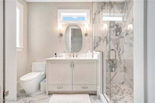 bathroom with a marble finish shower, a healthy amount of sunlight, toilet, and marble finish floor