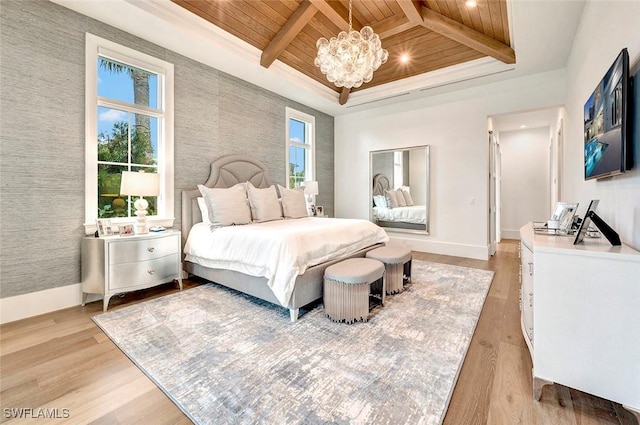 bedroom featuring light wood-style floors, wood ceiling, multiple windows, and beamed ceiling