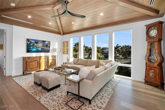 living room with lofted ceiling with beams, wood ceiling, wood finished floors, and recessed lighting