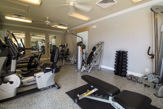 gym with ceiling fan and crown molding