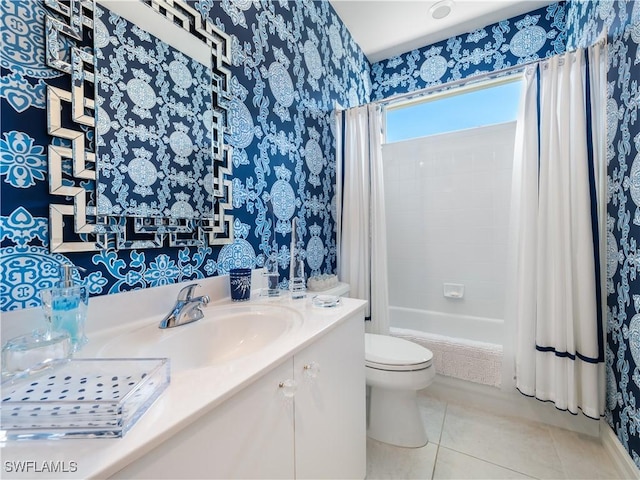 full bathroom with tile patterned floors, shower / bath combination with curtain, toilet, and vanity