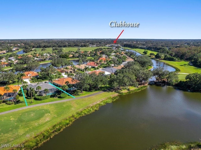 drone / aerial view with a water view