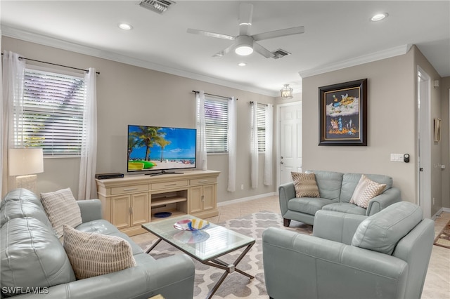 tiled living room featuring ceiling fan and crown molding