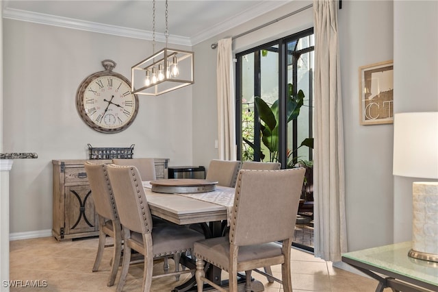 dining space with light tile patterned floors, a notable chandelier, a wealth of natural light, and crown molding