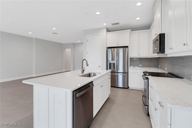 kitchen featuring white cabinetry, a center island with sink, stainless steel appliances, and sink