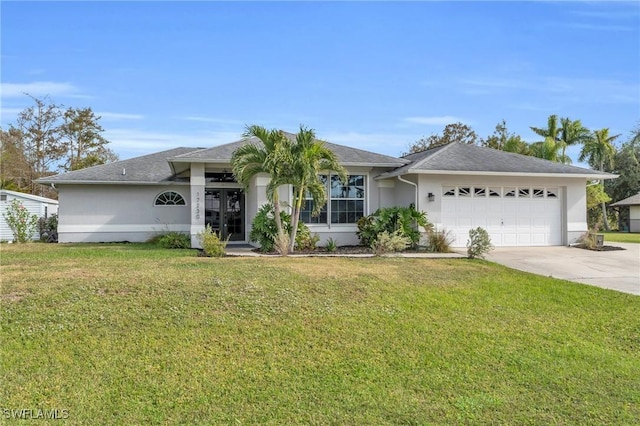 ranch-style house with a garage, stucco siding, concrete driveway, and a front yard