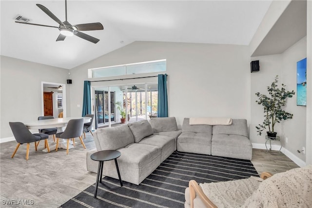 living room featuring visible vents, high vaulted ceiling, wood finished floors, baseboards, and ceiling fan