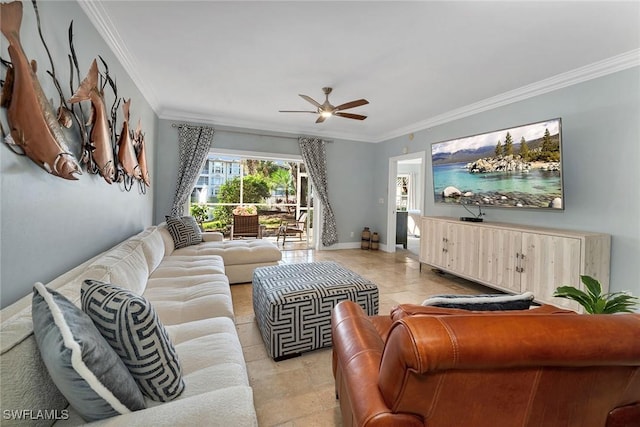 living room featuring ceiling fan and crown molding