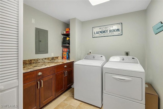 laundry room with electric panel, cabinets, and washing machine and dryer