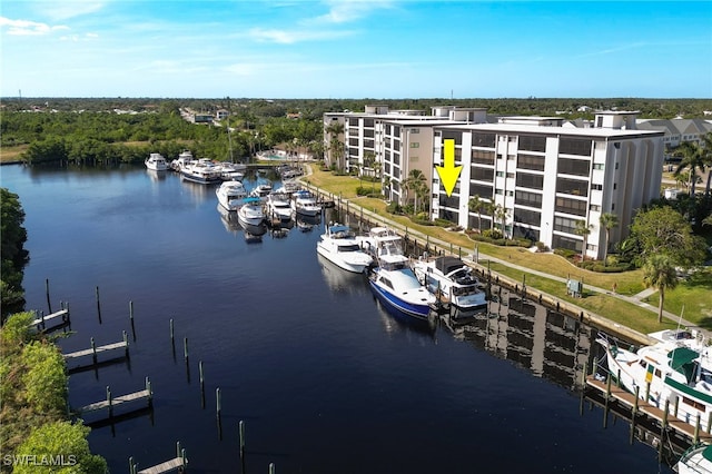 drone / aerial view featuring a water view