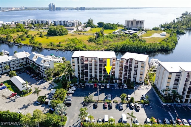 bird's eye view with a water view