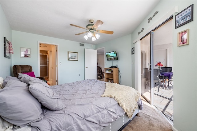 carpeted bedroom with ceiling fan and visible vents