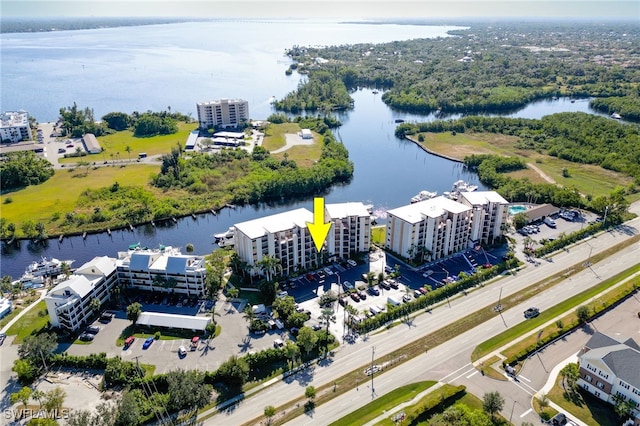 aerial view featuring a water view