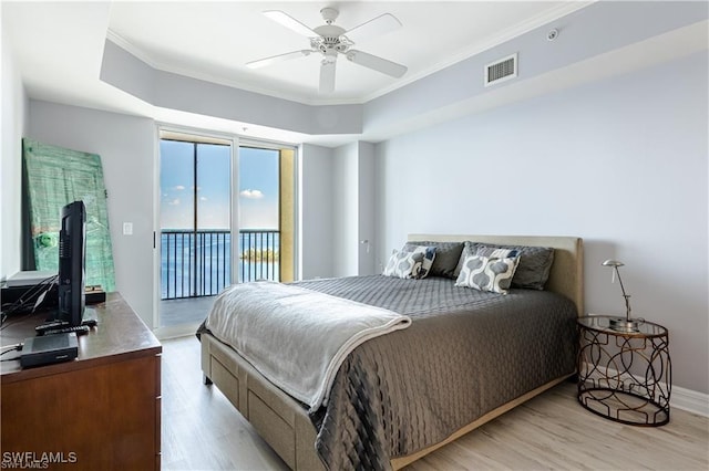 bedroom with ceiling fan, access to exterior, crown molding, and light hardwood / wood-style flooring