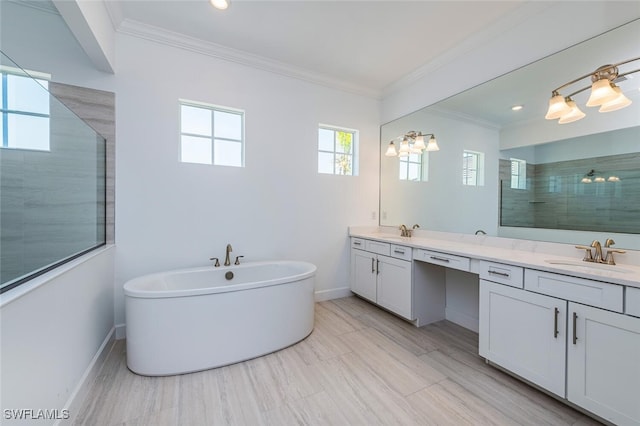 bathroom featuring vanity, crown molding, and plus walk in shower