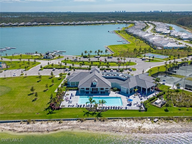 birds eye view of property featuring a water view