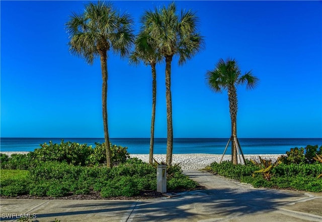 property view of water featuring a beach view