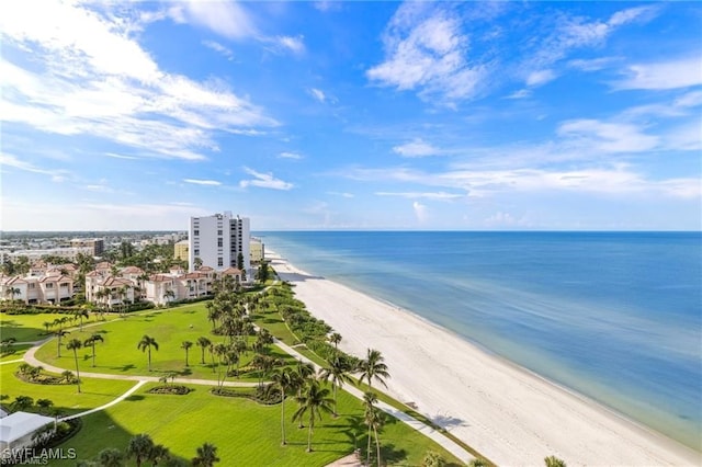 drone / aerial view with a water view and a beach view