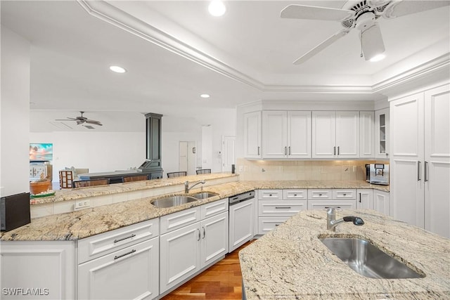 kitchen with a tray ceiling, white cabinetry, sink, and light stone countertops