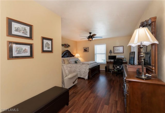 bedroom featuring dark hardwood / wood-style flooring and ceiling fan