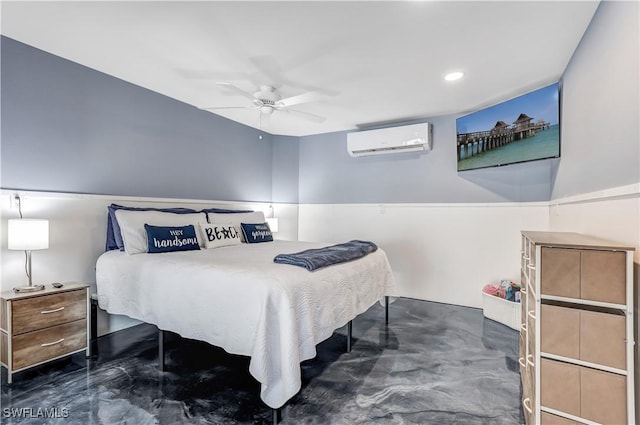 bedroom featuring ceiling fan and a wall mounted AC