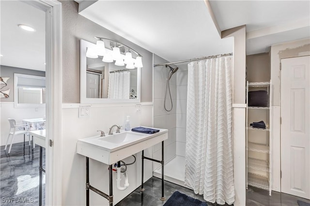 bathroom featuring concrete floors and walk in shower