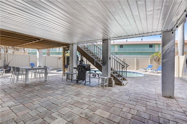 view of patio / terrace with a fenced in pool and a grill