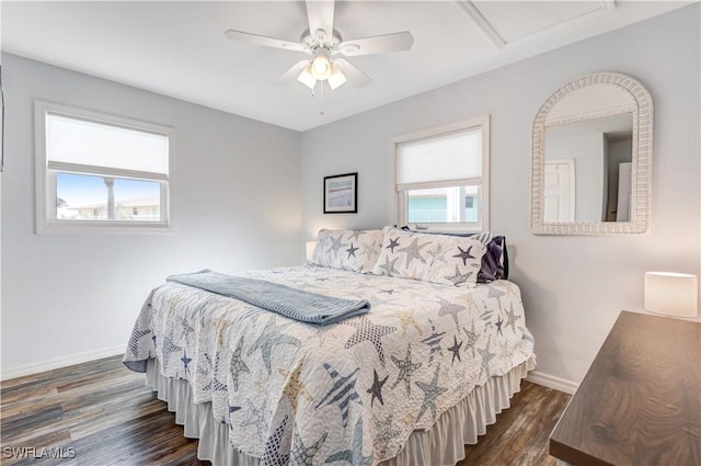 bedroom featuring ceiling fan, dark wood-type flooring, and multiple windows