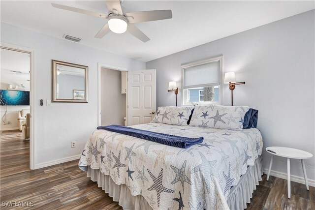 bedroom featuring ceiling fan and dark hardwood / wood-style flooring