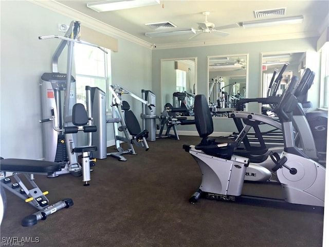 workout area with ornamental molding and ceiling fan