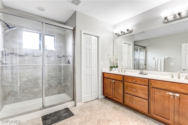 bathroom with a stall shower, visible vents, a sink, and double vanity