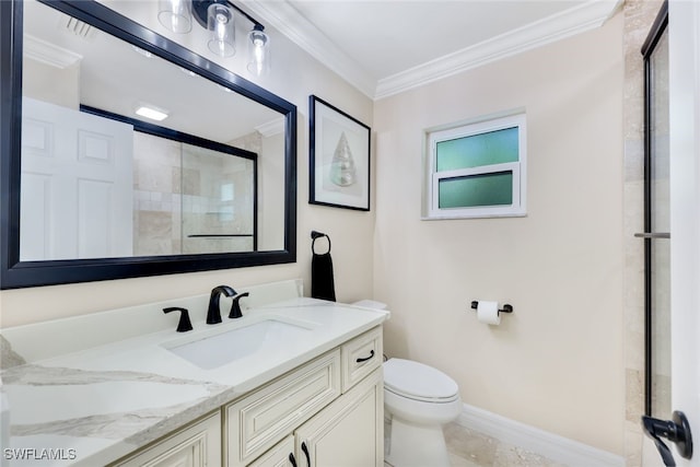 bathroom featuring vanity, crown molding, tile patterned flooring, toilet, and a shower with shower door