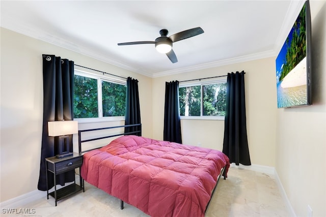 bedroom featuring multiple windows, ceiling fan, and crown molding