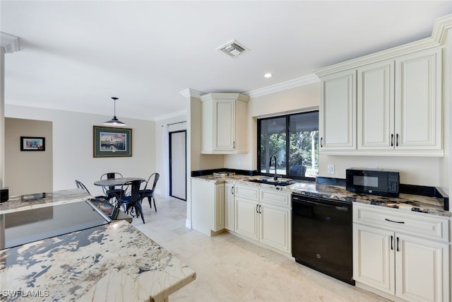 kitchen featuring pendant lighting, black appliances, sink, dark stone countertops, and ornamental molding