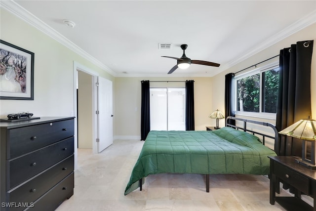 bedroom with ceiling fan and crown molding