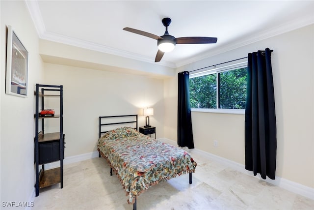 bedroom featuring ceiling fan and crown molding