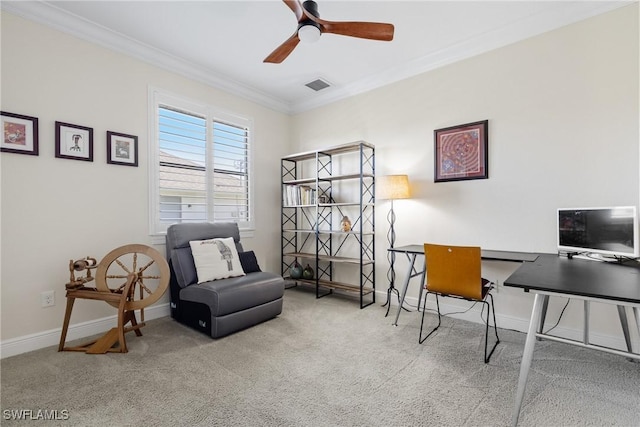 office area with carpet, ceiling fan, and crown molding