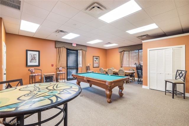 recreation room with a paneled ceiling, carpet flooring, and billiards