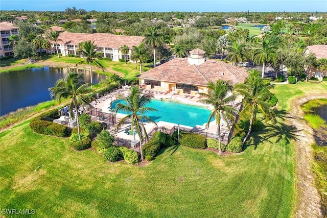 aerial view featuring a water view