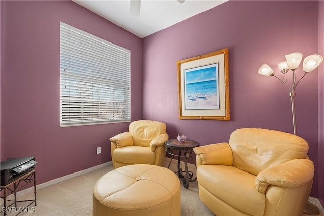 sitting room featuring light carpet