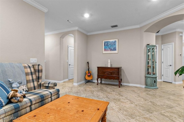 living room with ornamental molding