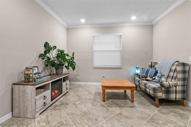 living area with ornamental molding