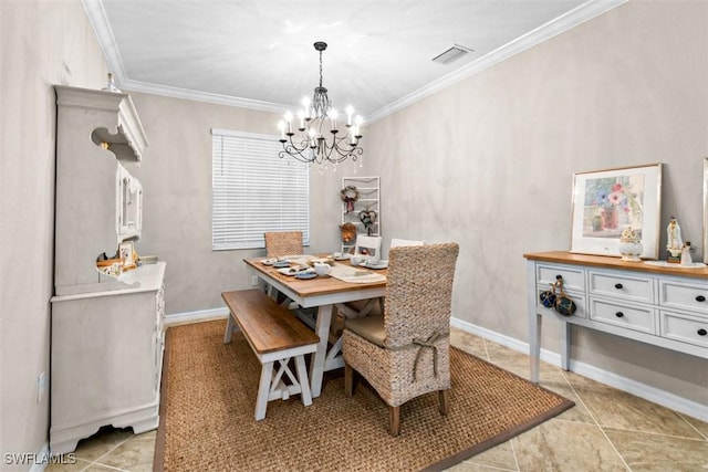 dining space featuring ornamental molding and a notable chandelier