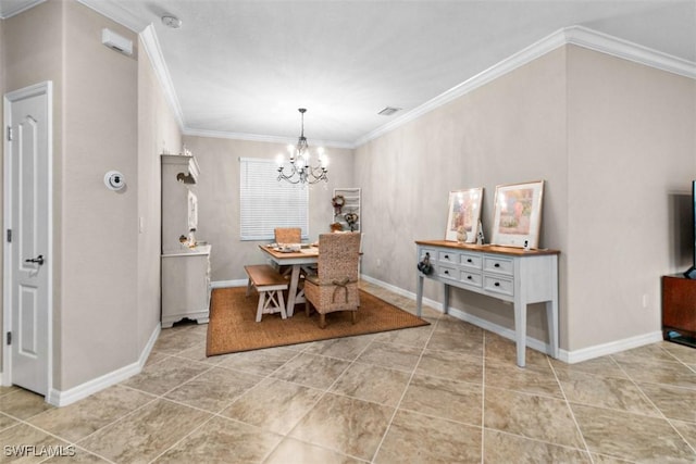 dining room with a chandelier and ornamental molding