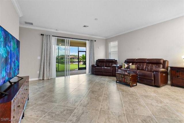 tiled living room with crown molding