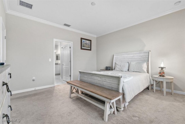 bedroom with crown molding and light carpet