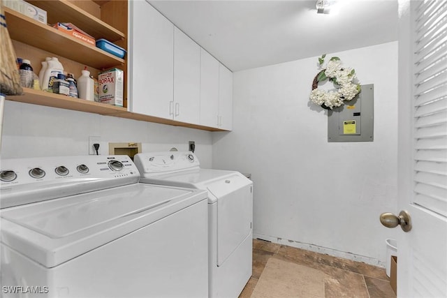 clothes washing area with washer and clothes dryer, cabinets, and electric panel