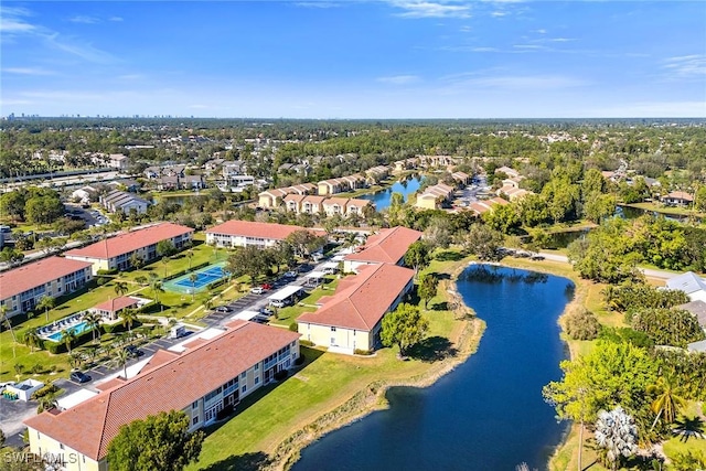 drone / aerial view with a water view