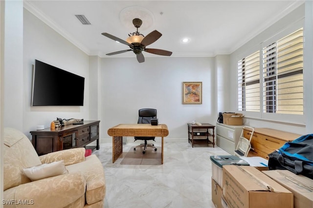 home office with ceiling fan and ornamental molding