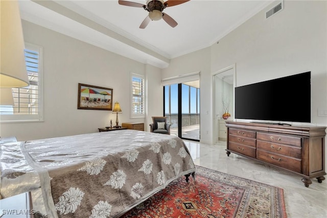 bedroom with multiple windows, crown molding, access to exterior, and ceiling fan